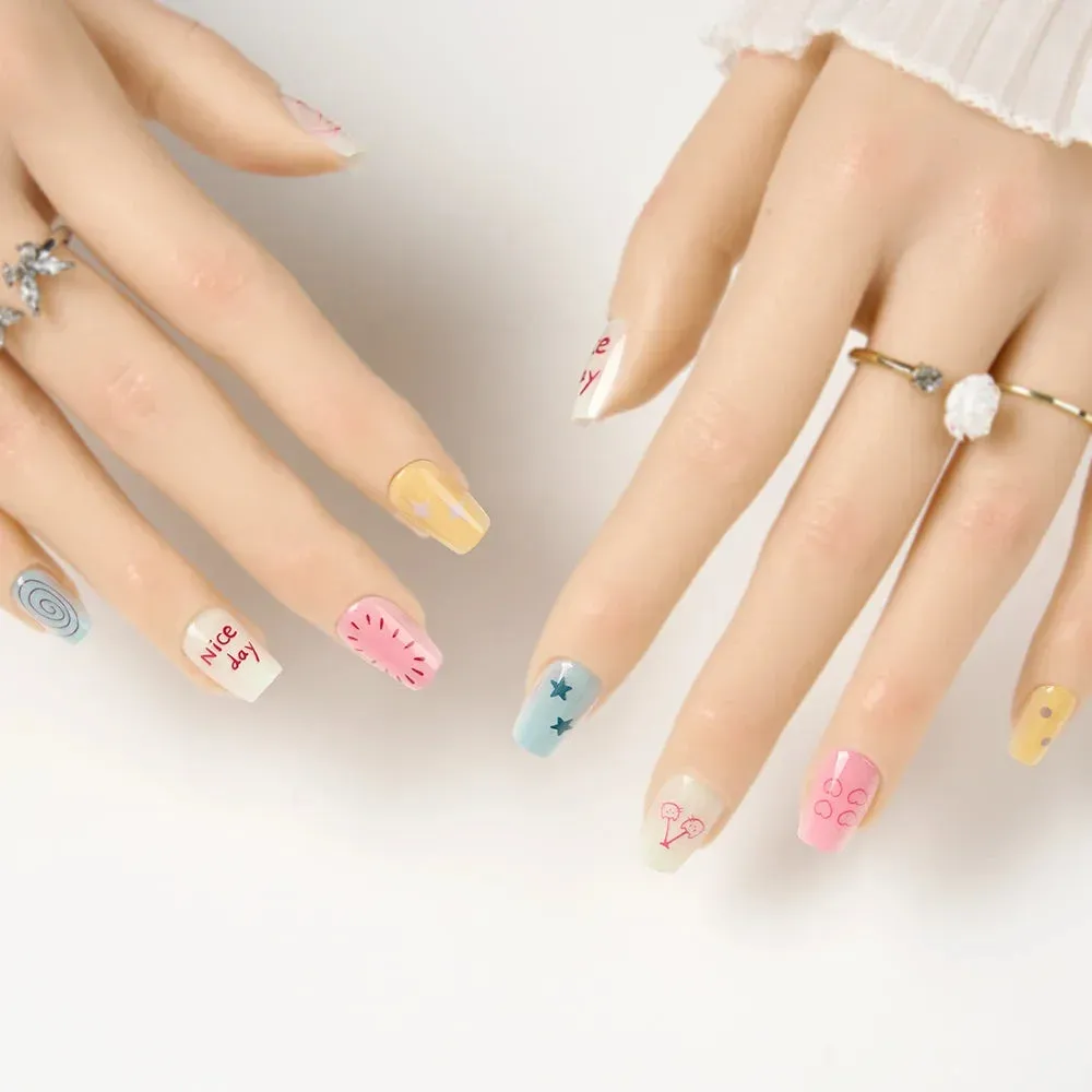 10-Piece Cute Cat & Star French Tip Press-On Nails - Glossy Gradient Full Cover Nails