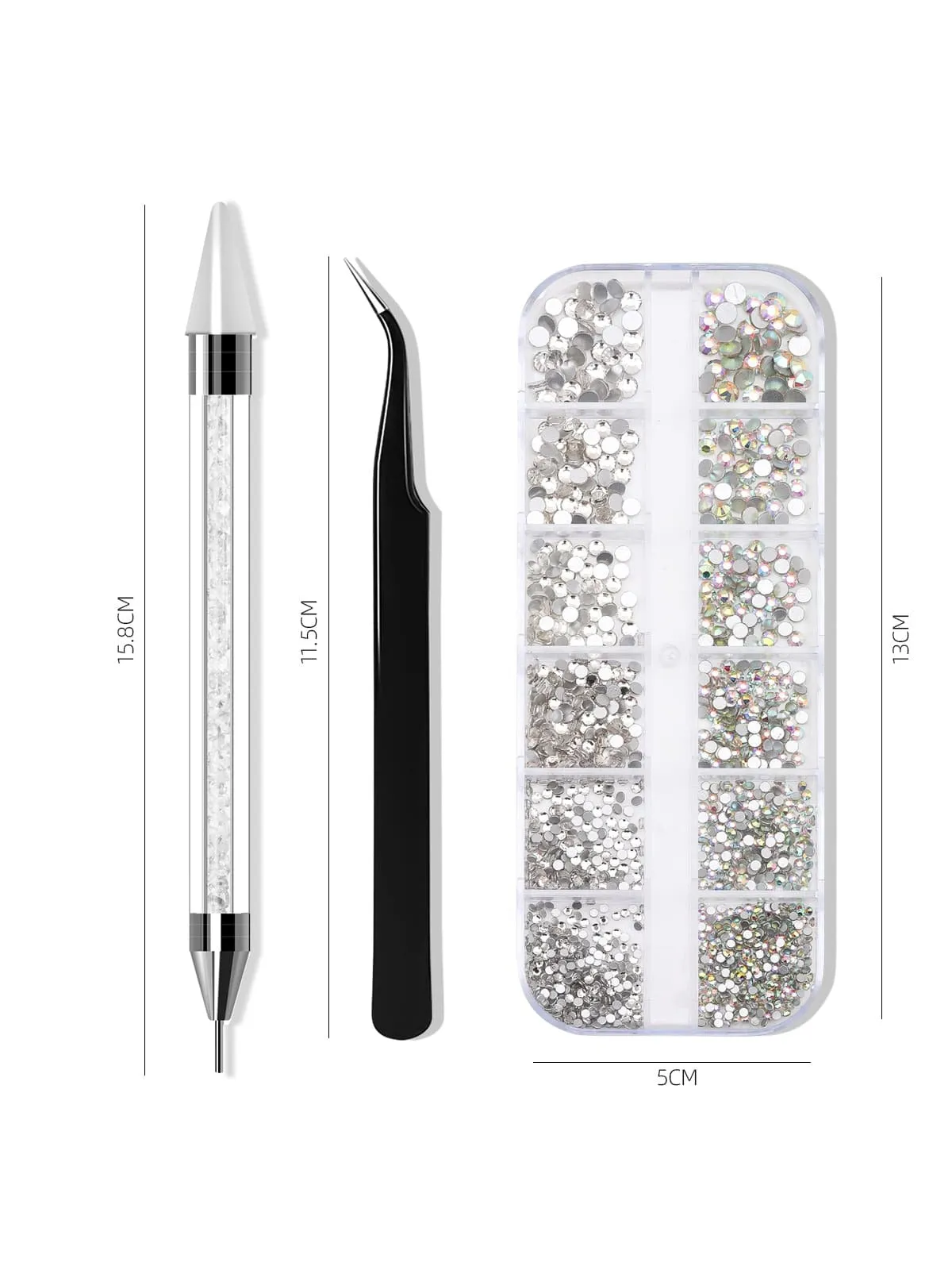 12 Grids Nail Rhinestones with Tweezers &  Double Ended Dotting Pen