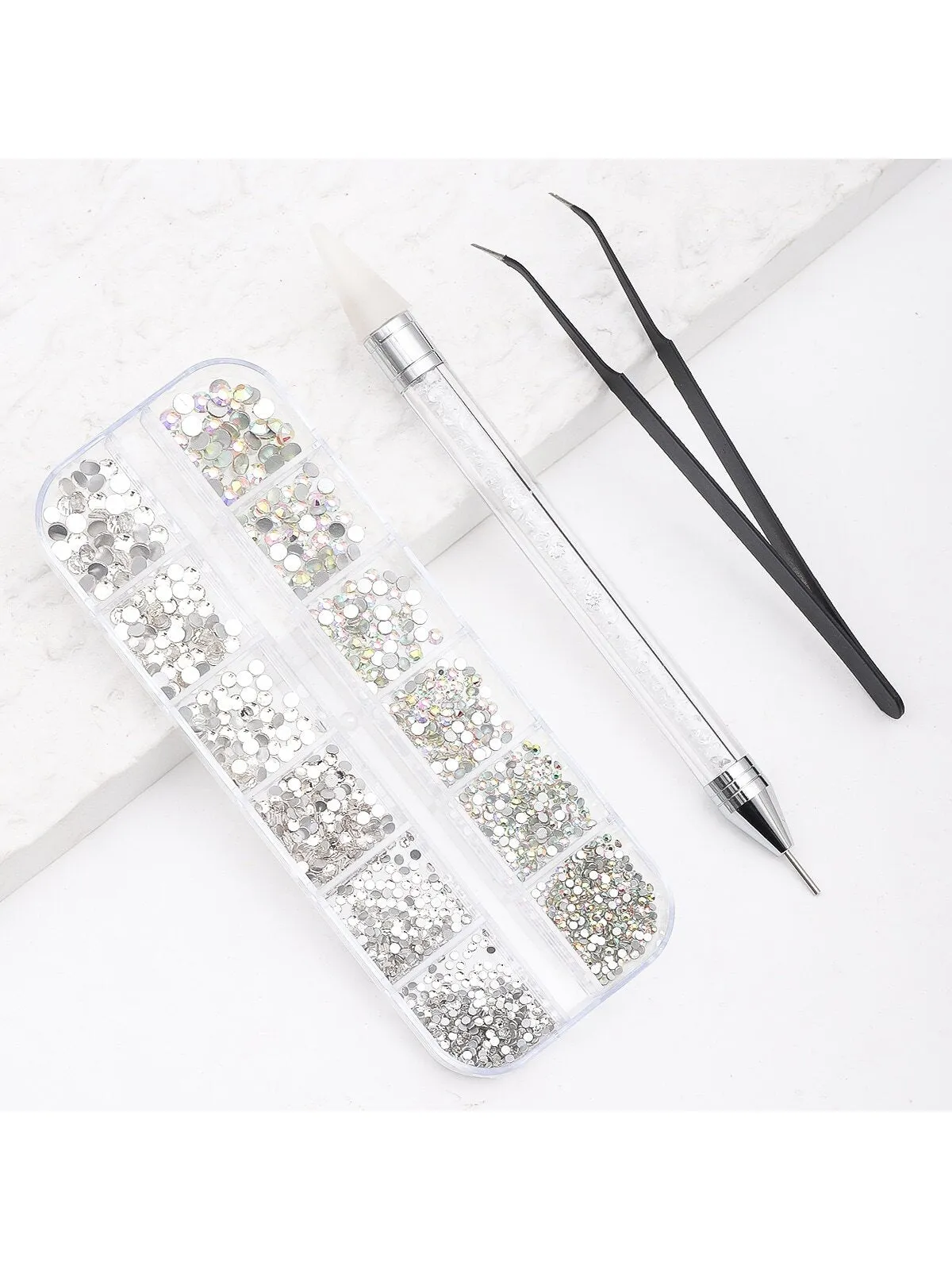 12 Grids Nail Rhinestones with Tweezers &  Double Ended Dotting Pen