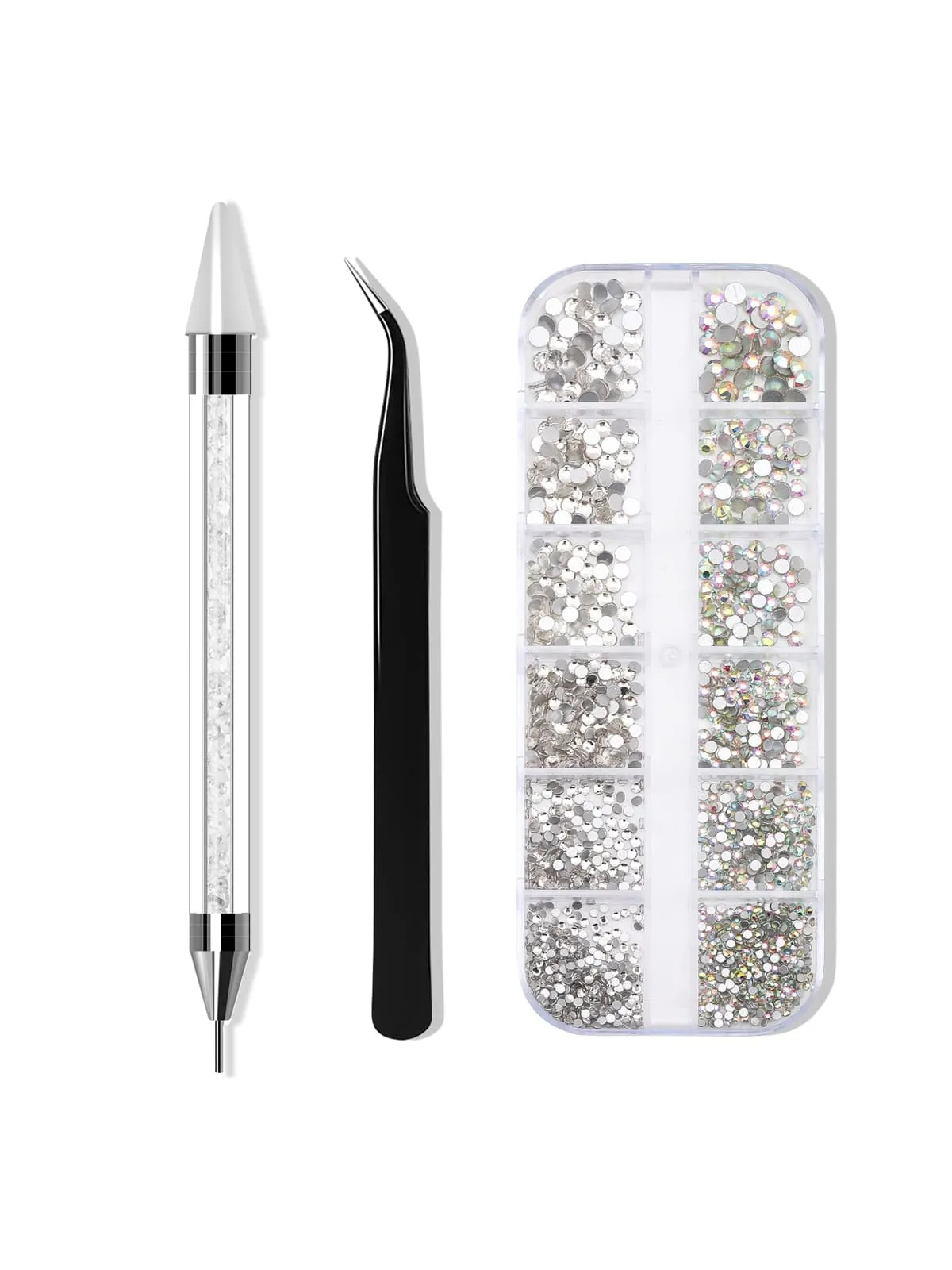 12 Grids Nail Rhinestones with Tweezers &  Double Ended Dotting Pen