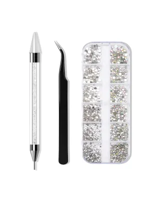 12 Grids Nail Rhinestones with Tweezers &  Double Ended Dotting Pen