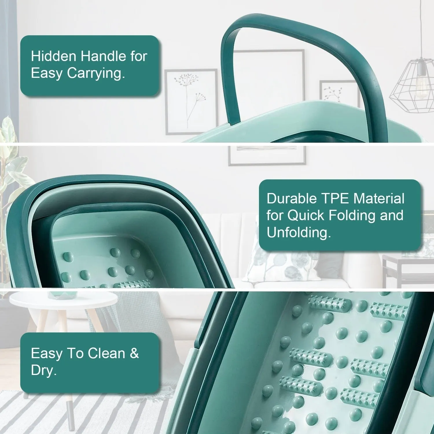 2 Pack Collapsible Foot Bath Basin 15L TPE Foot Soak Tub Green with Massage Rollers