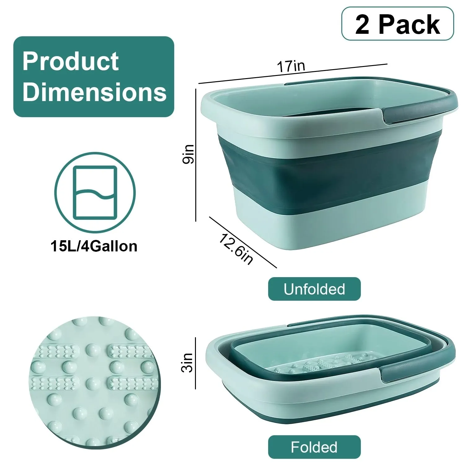 2 Pack Collapsible Foot Bath Basin 15L TPE Foot Soak Tub Green with Massage Rollers