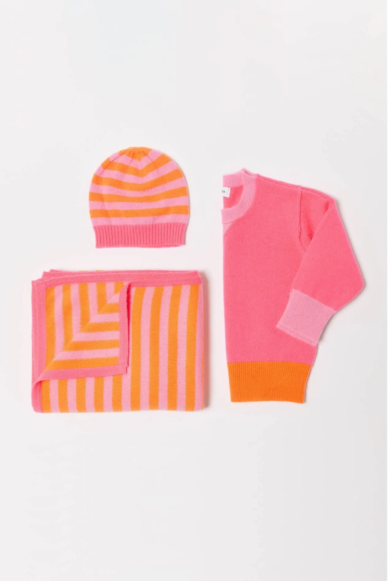 Baby Cashmere Beanie in Electric, Orange Pink Stripe
