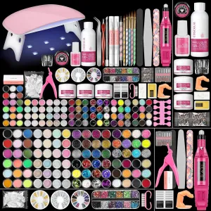 Beginner-Friendly Acrylic Nail Art Kit - Drill, UV Light, 45 Colors of Powder & Glitter Tools