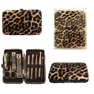 CLEARANCE MANICURE SET IN BROWN LEOPARD CASE (CASE OF 24 - $2.50 / PIECE)  Wholesale 9 Piece Stainless Steel Manicure Set in Brown Leopard SKU: 9699-LEO-BROWN-24
