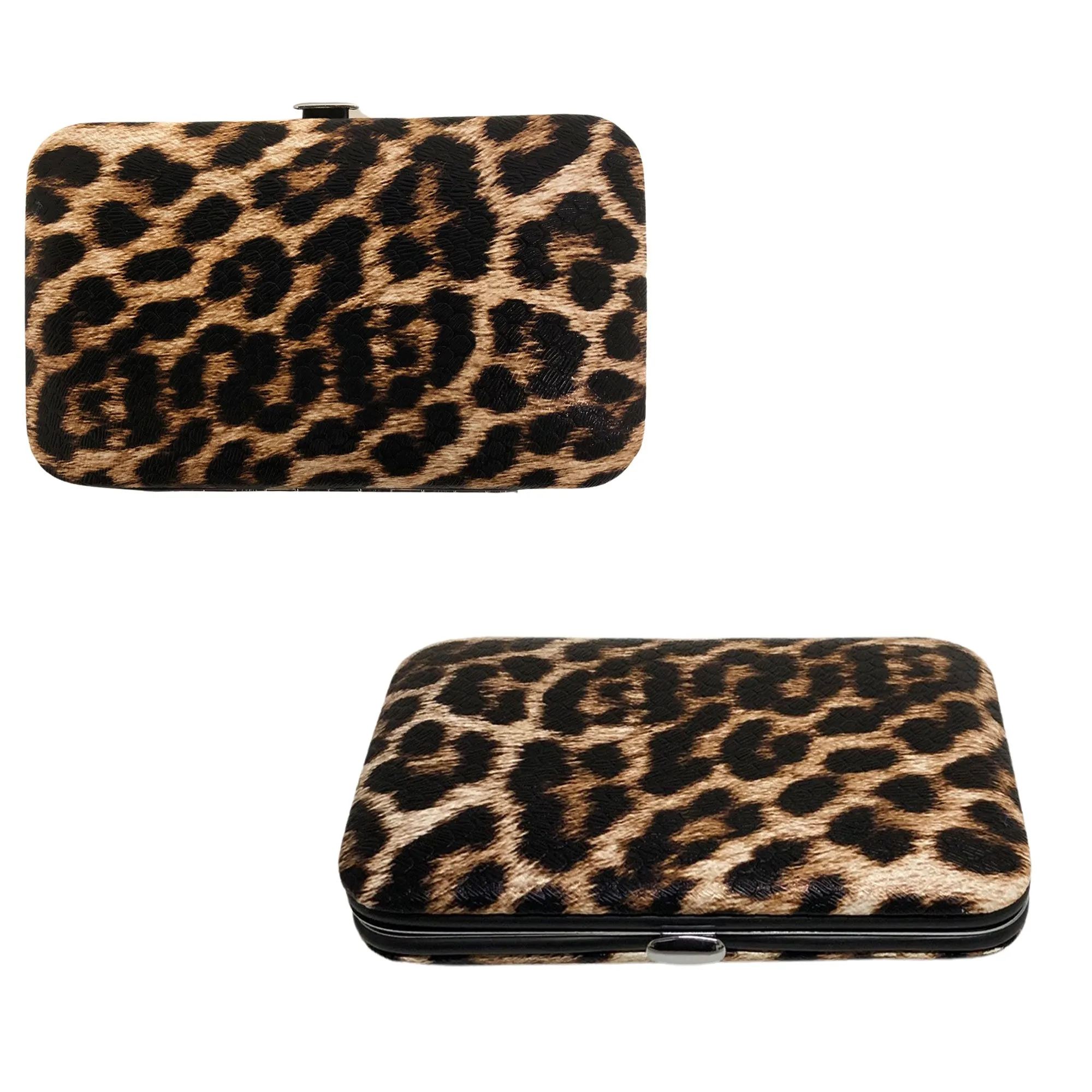 CLEARANCE MANICURE SET IN BROWN LEOPARD CASE (CASE OF 24 - $2.50 / PIECE)  Wholesale 9 Piece Stainless Steel Manicure Set in Brown Leopard SKU: 9699-LEO-BROWN-24