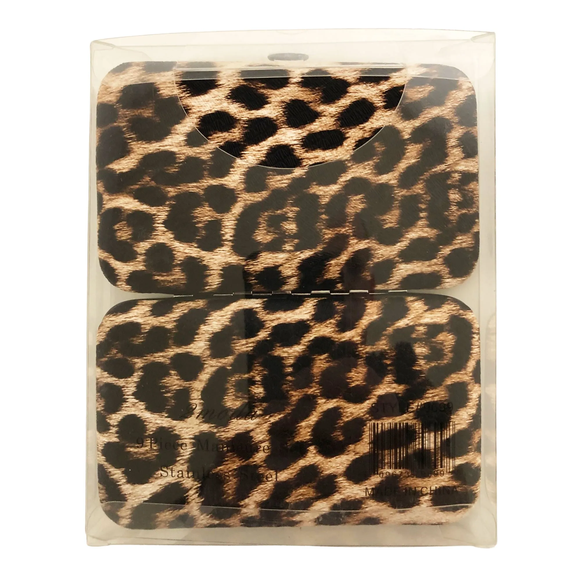 CLEARANCE MANICURE SET IN BROWN LEOPARD CASE (CASE OF 24 - $2.50 / PIECE)  Wholesale 9 Piece Stainless Steel Manicure Set in Brown Leopard SKU: 9699-LEO-BROWN-24