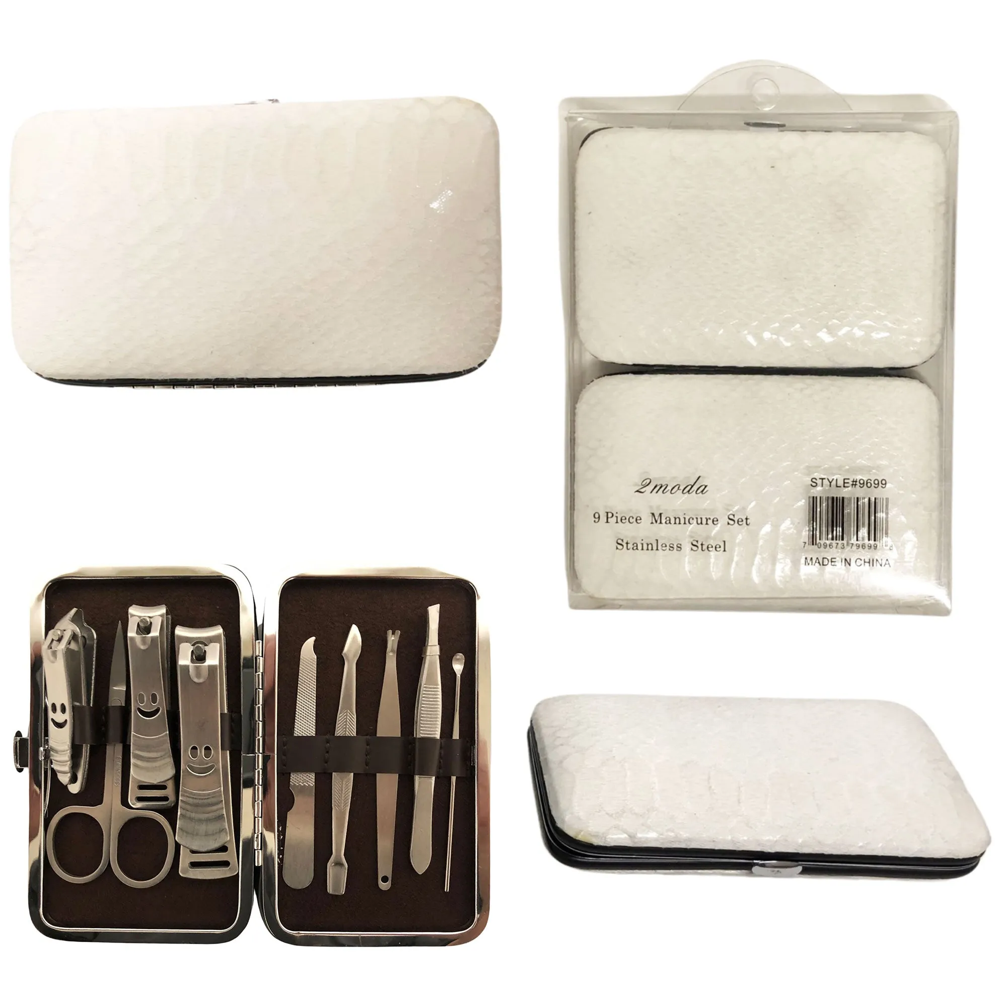 CLEARANCE SNAKE  PRINT MANICURE SET (CASE OF 24 - $2.50 / PIECE)  Wholesale 9 Piece Stainless Steel Manicure Set in Silver White Snake SKU: 9699-SNK-SILVER-24