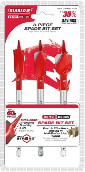 Diablo Demo Demon DSPD4910-S3 Spade Bit Set, 3-Piece, HSS :SET: QUANTITY: 1