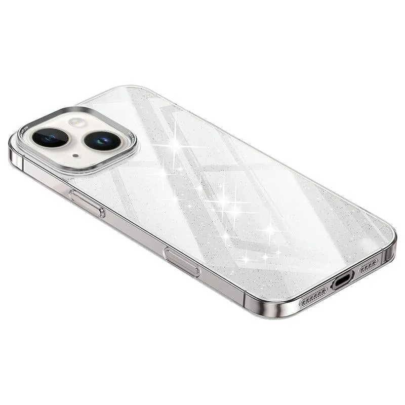 For Iphone 15 Electroplated Pc Hybrid Glitter Glass Phone Case