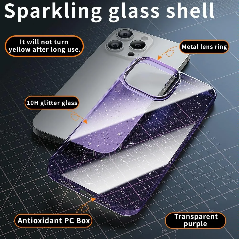 For Iphone 15 Electroplated Pc Hybrid Glitter Glass Phone Case