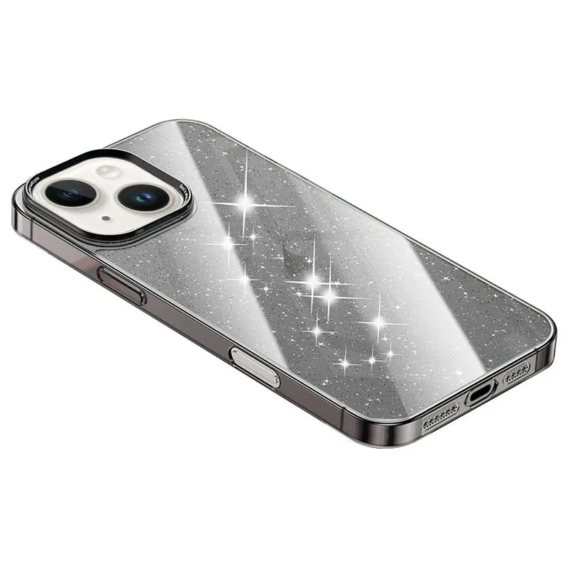 For Iphone 15 Electroplated Pc Hybrid Glitter Glass Phone Case
