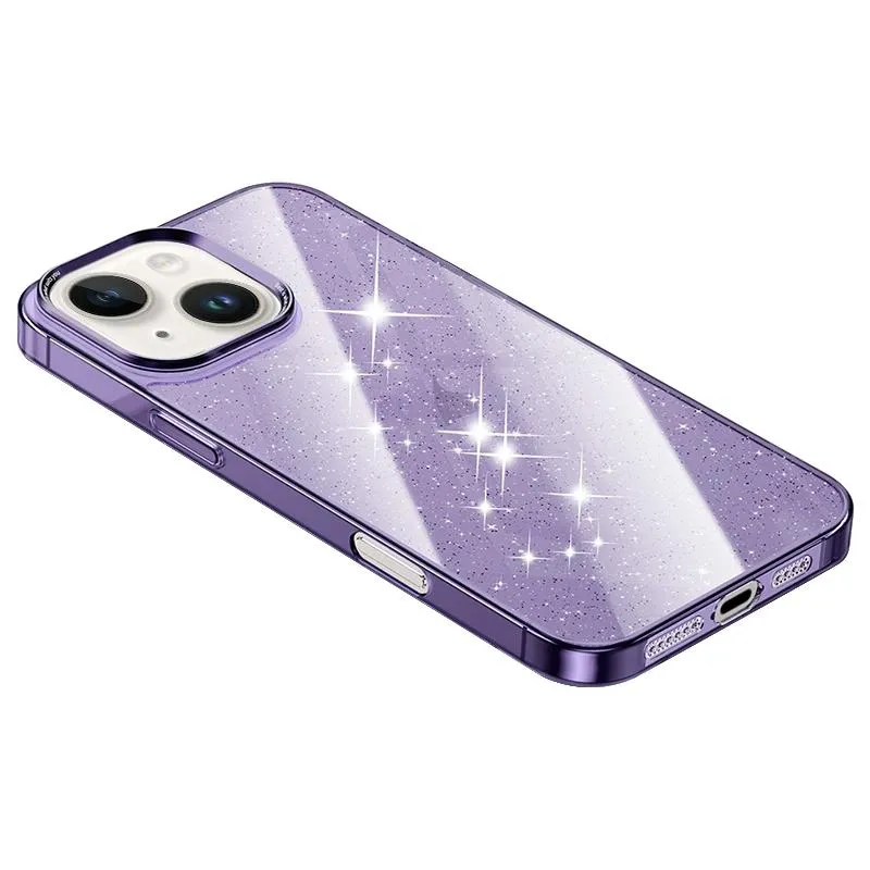 For Iphone 15 Electroplated Pc Hybrid Glitter Glass Phone Case