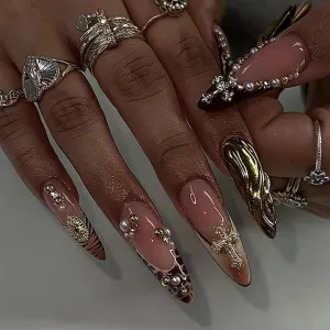 French Leopard Print 3D Diamond Pointed-أظافر صناعية ثلاثية