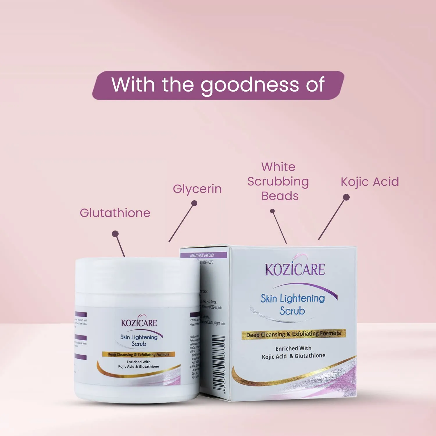 Kozicare Skin Lightening Scrub for Deep Cleansing & Exfoliating Formula | Enriched with 2% Kojic acid, 1% Glutathione| Helps in Cleaning Impurities, Cleanses Dirt, Blackheads - 100gm (Pack of 2)