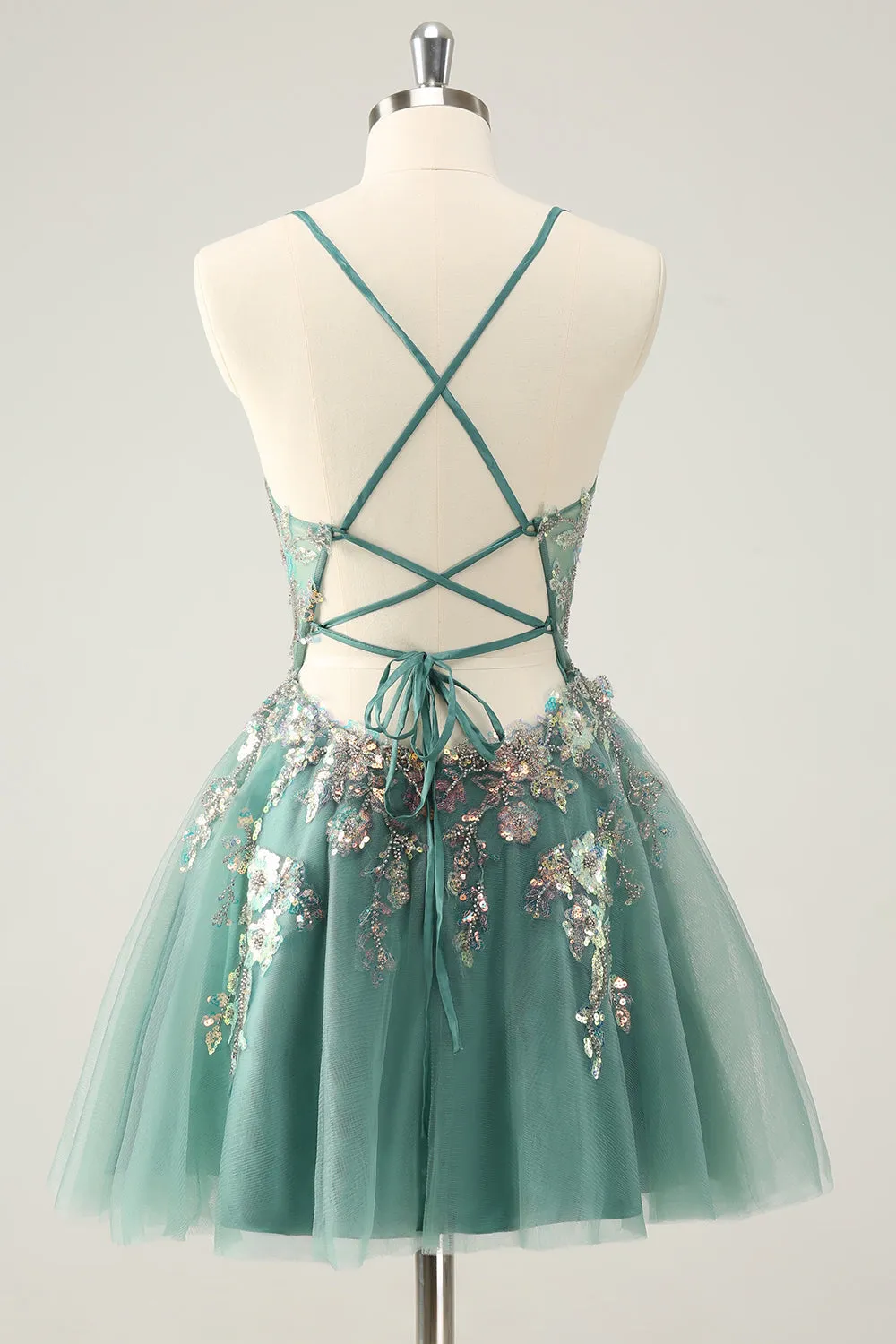 Luolandi Glitter Grey Green A Line Spaghetti Straps Sequins Homecoming Dresses with Appliques Sparkly Party Dress