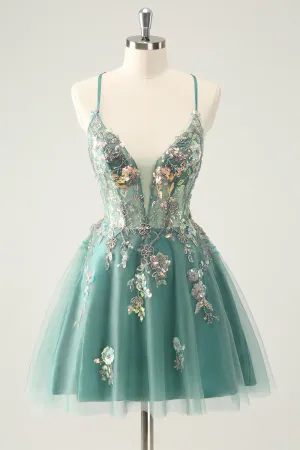 Luolandi Glitter Grey Green A Line Spaghetti Straps Sequins Homecoming Dresses with Appliques Sparkly Party Dress