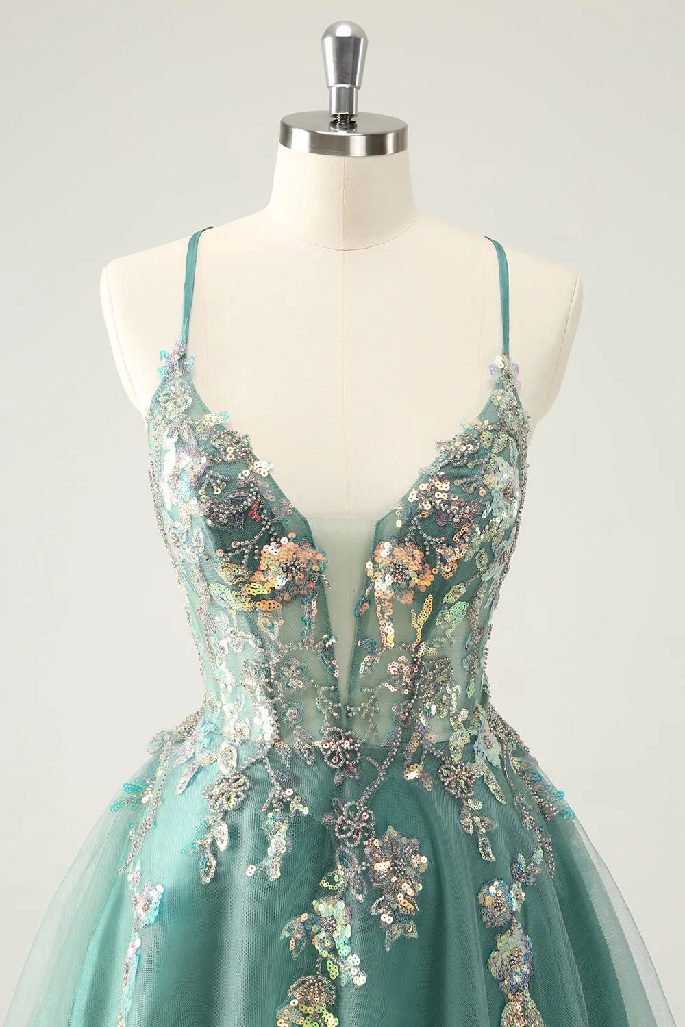 Luolandi Glitter Grey Green A Line Spaghetti Straps Sequins Homecoming Dresses with Appliques Sparkly Party Dress