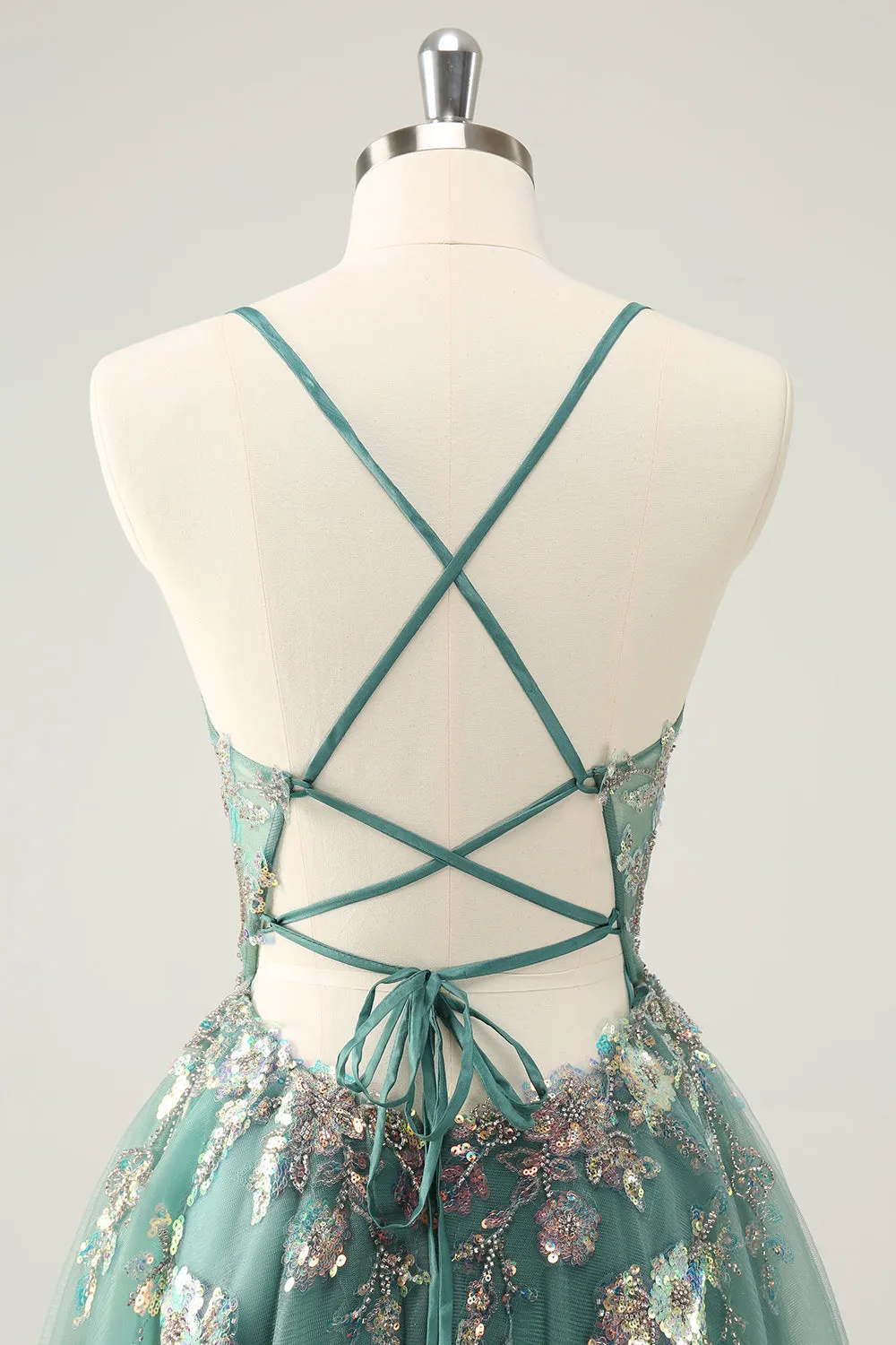 Luolandi Glitter Grey Green A Line Spaghetti Straps Sequins Homecoming Dresses with Appliques Sparkly Party Dress
