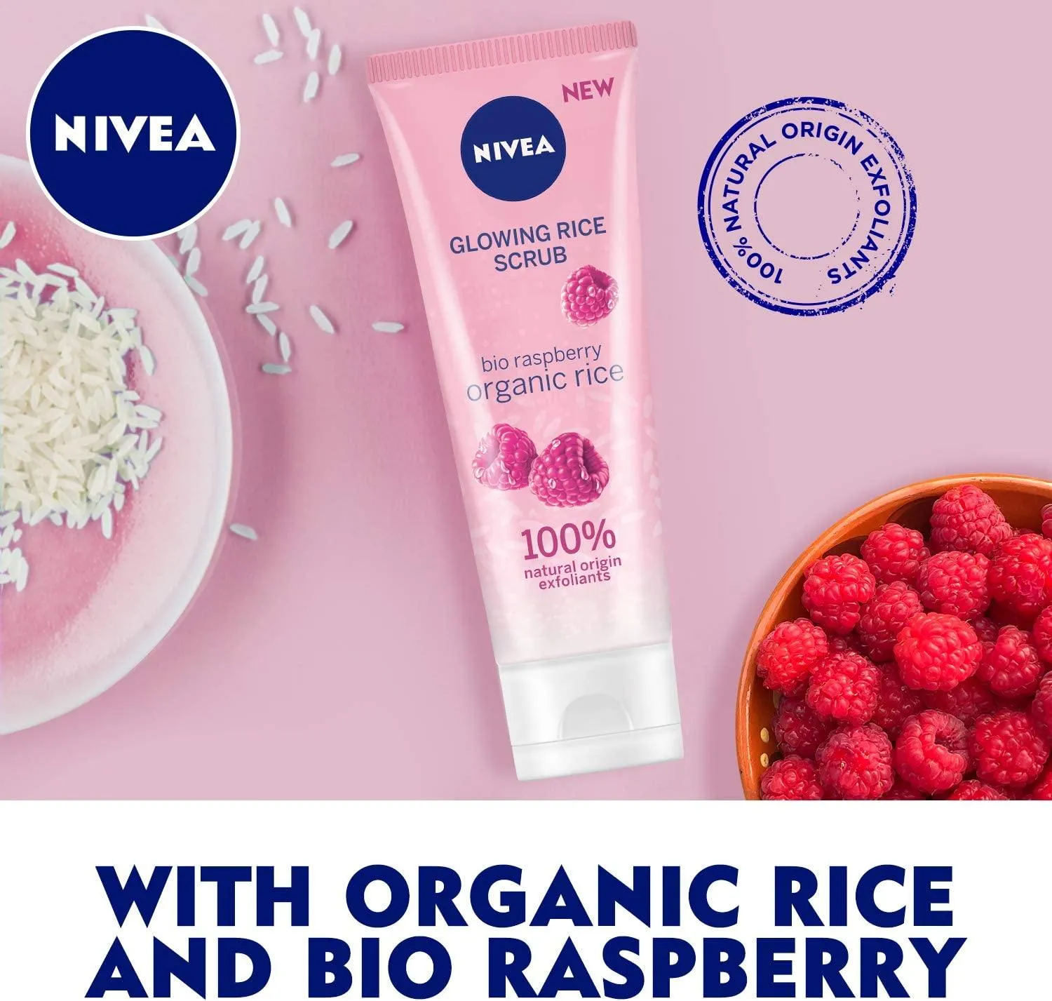 NIVEA Face Rice Scrub Glowing, Organic Rice & Bio Raspberry, Dry & Sensitive Skin, 75ml