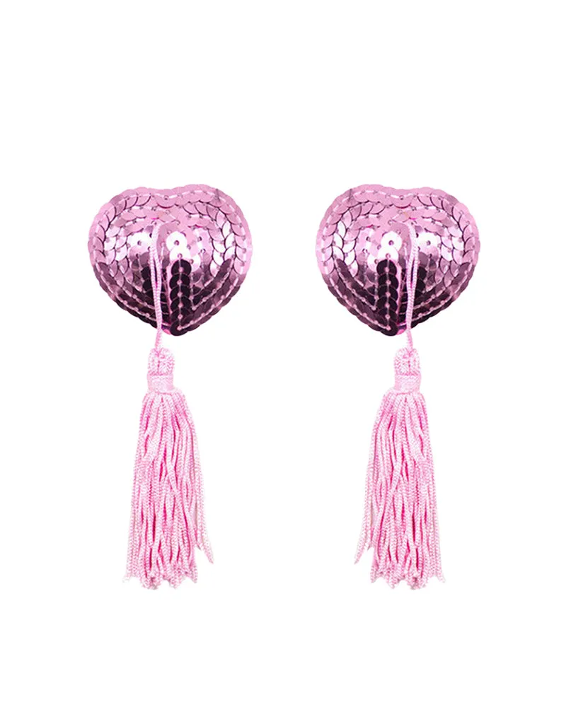Reusable Adhesive Nipple Cover Heart Shape Shiny Sequin Nipple Concealers Sticker Breast Pads Pasties Bra with Tassel